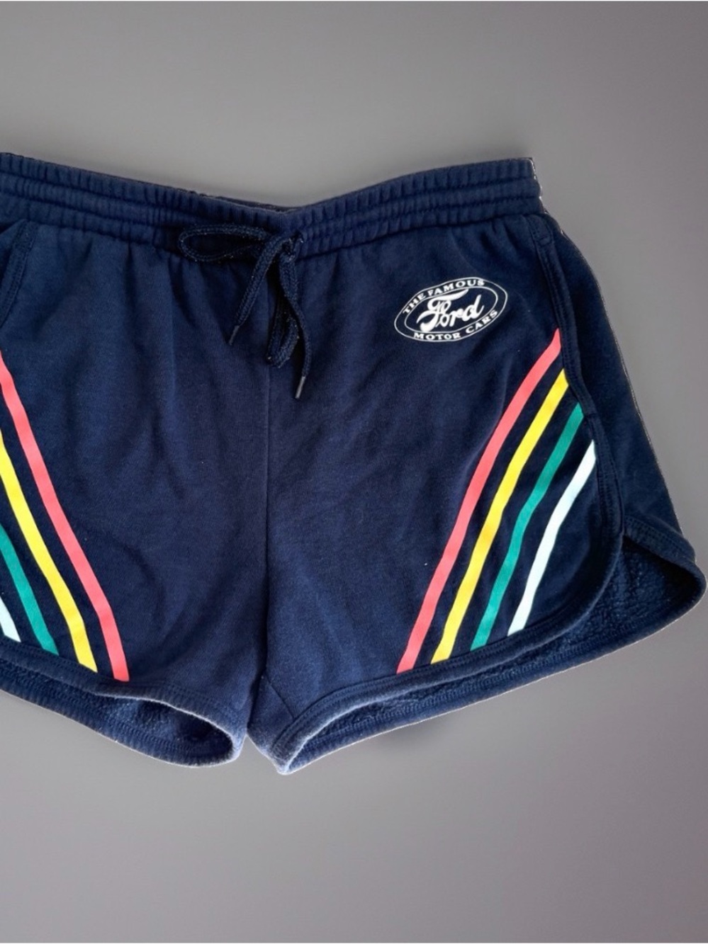 Ford Motor Navy Blue Rainbow Stripe Sweat Shorts Womens Size M Hybrid Pull On